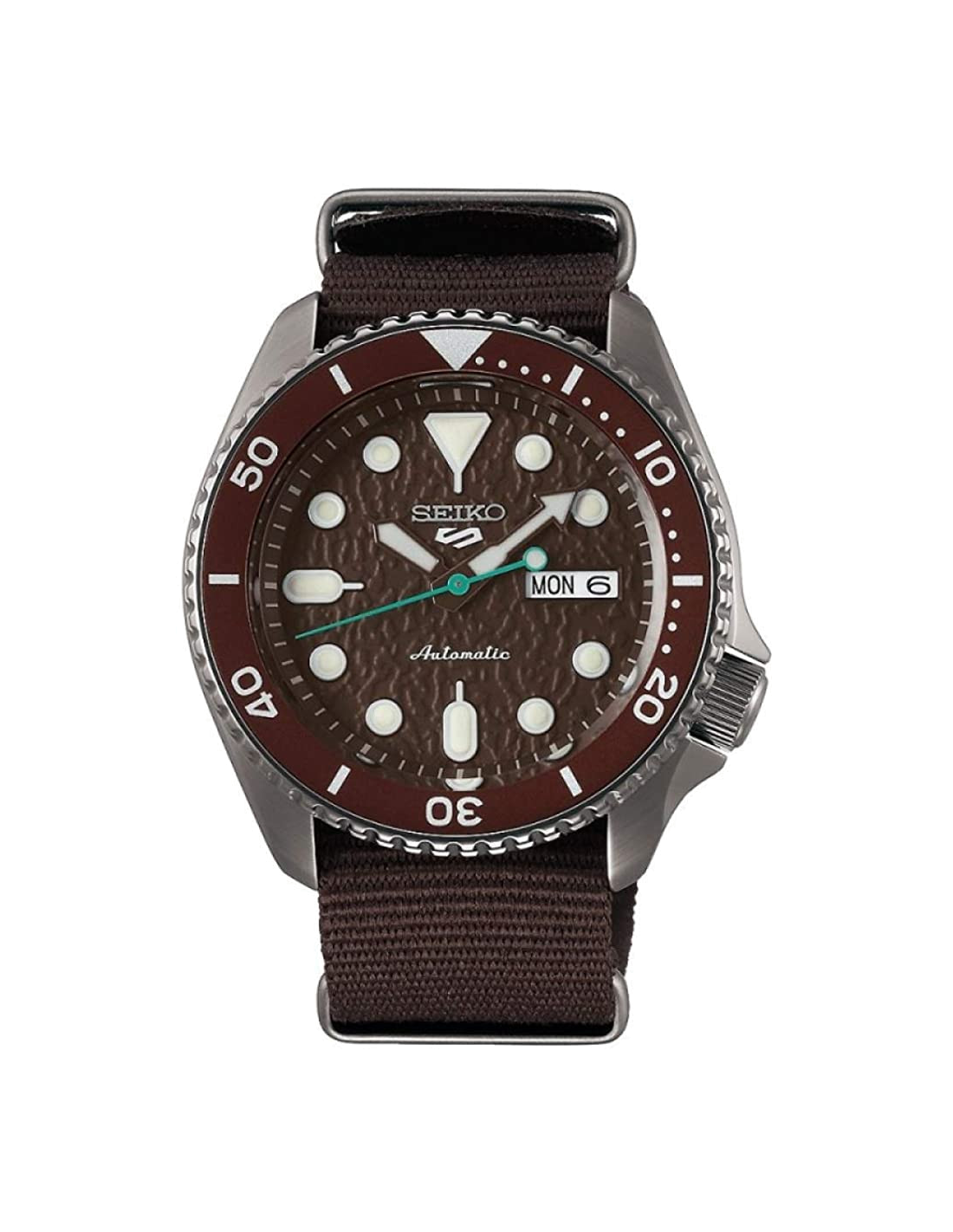 Montre Seiko 5 SRPD85K1 Automatique Homme - Cadran Marron Soleillé, Boîtier Acier et Bracelet Nylon Kaki