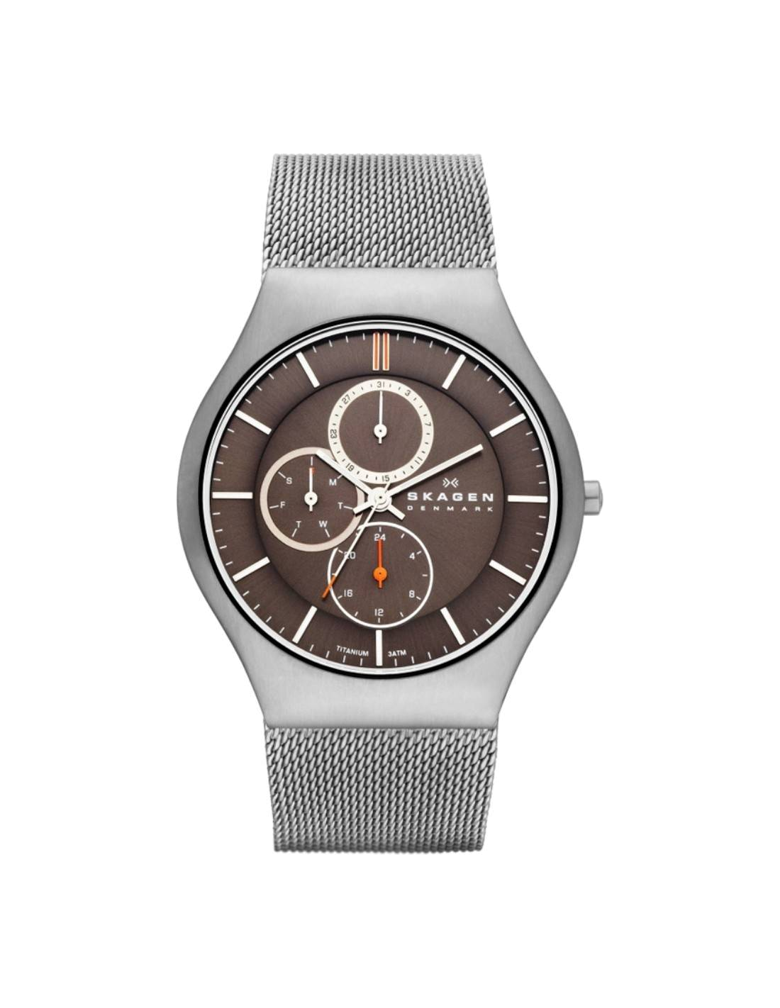 Montre Homme Skagen SKW6036 en Titane, Cadran Marron, Bracelet Maille Milanaise Argent
