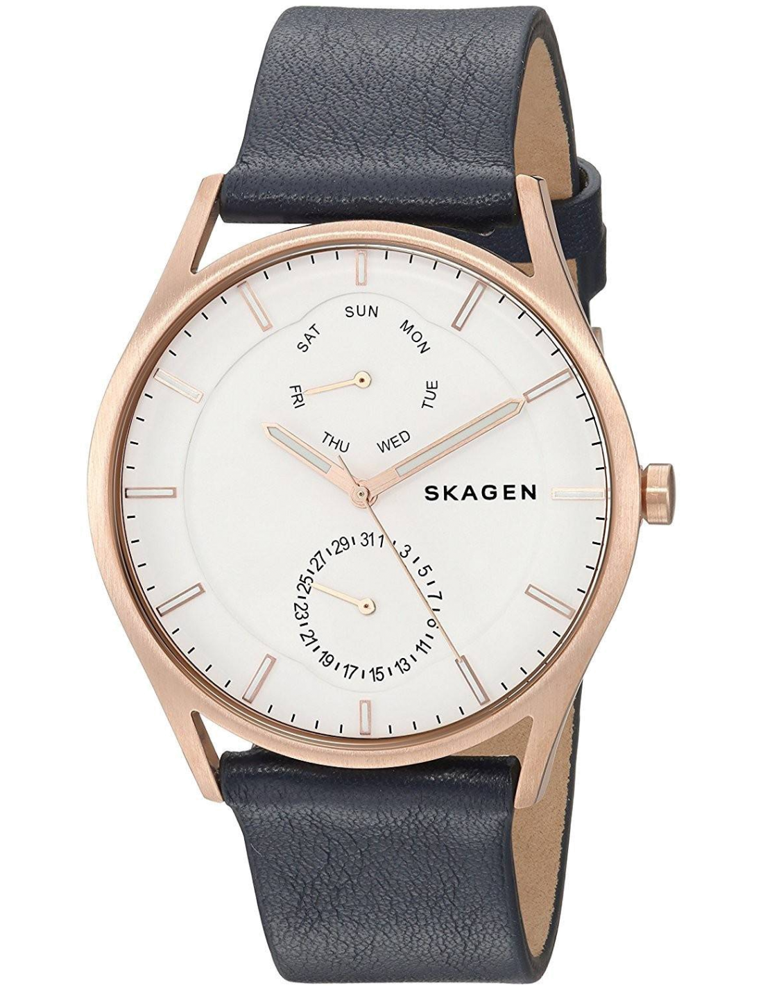 Montre Skagen Signatur SKW6372 Homme, Cadran Blanc, Boîtier Or Rose, Bracelet Cuir Noir