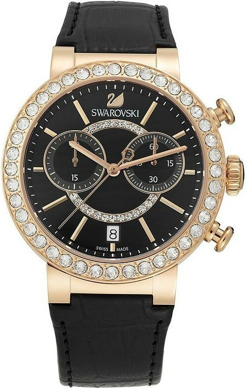 Montre Femme Swarovski Citra Sphere Chrono 5055209 - Boîtier Or Rose, Cadran et Bracelet Cuir Noir vue 2