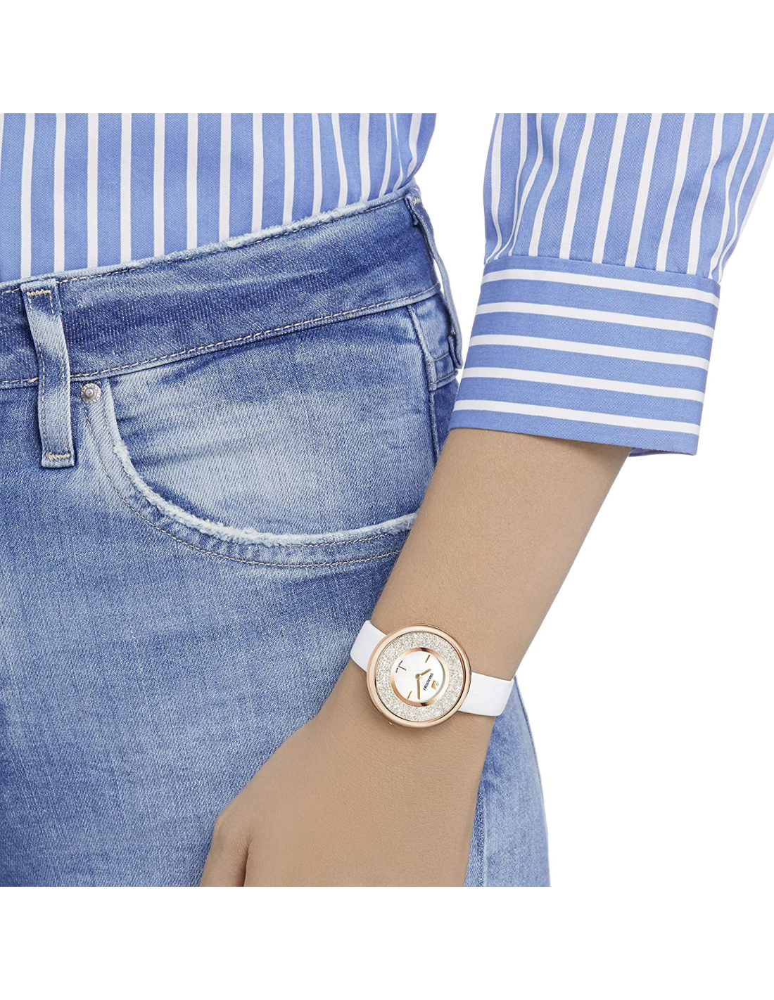 Montre Femme Swarovski Crystalline Pure 5376083 - Cadran Argenté, Boîtier Or Rose, Bracelet Cuir Blanc vue 3