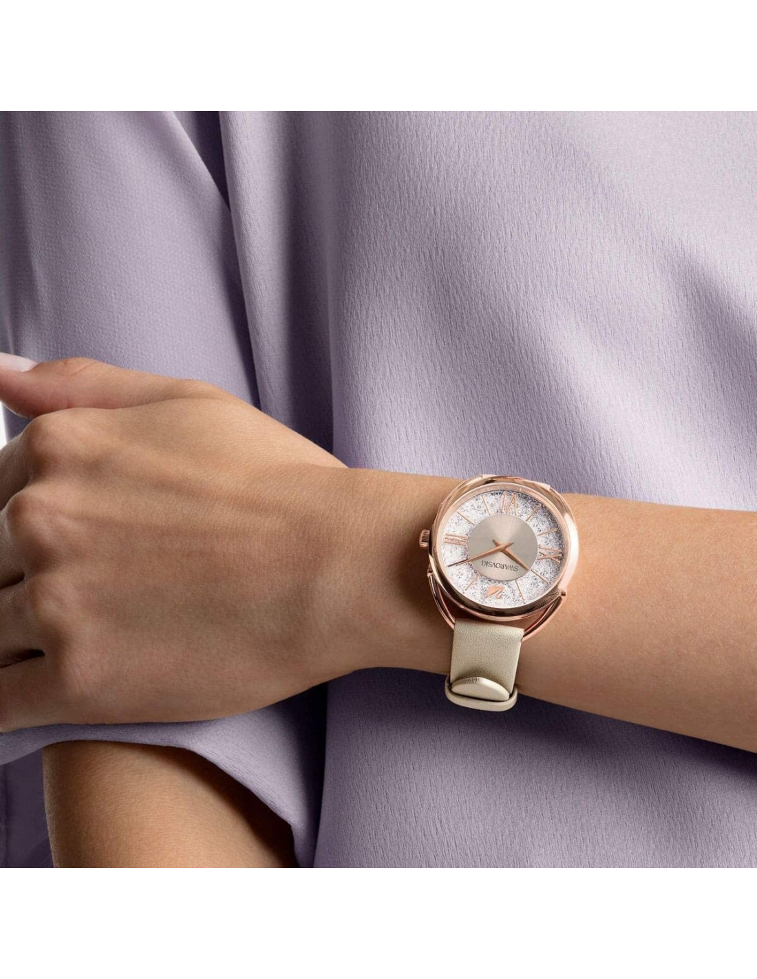 Montre Femme Swarovski Crystalline Glam 5452455 - Cadran Argent, Boîtier Or Rose, Bracelet Cuir Beige vue 2