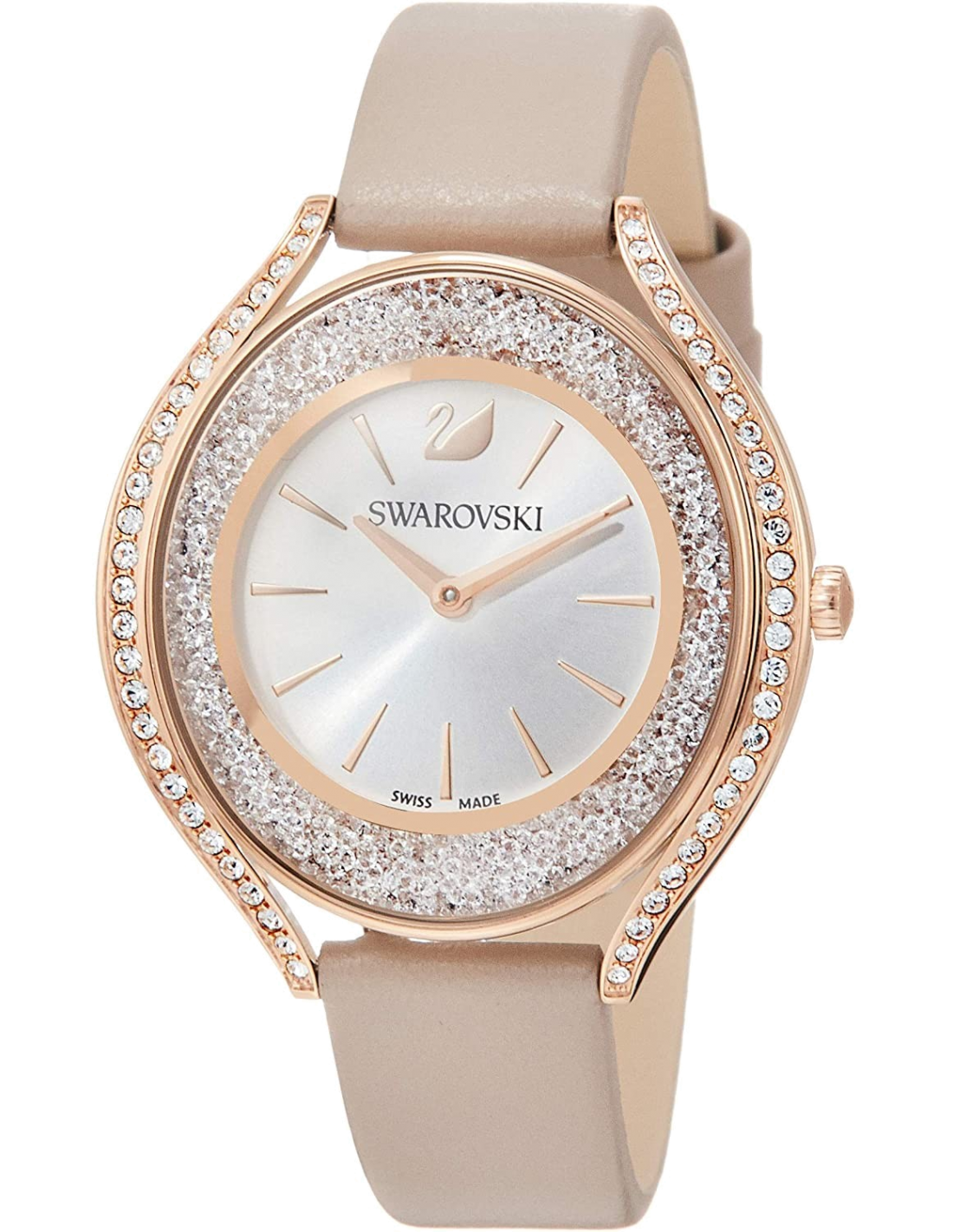 Montre Femme Swarovski Crystalline Aura 5519450 Cadran Cristaux, Boîtier Or Rose, Bracelet Cuir Beige