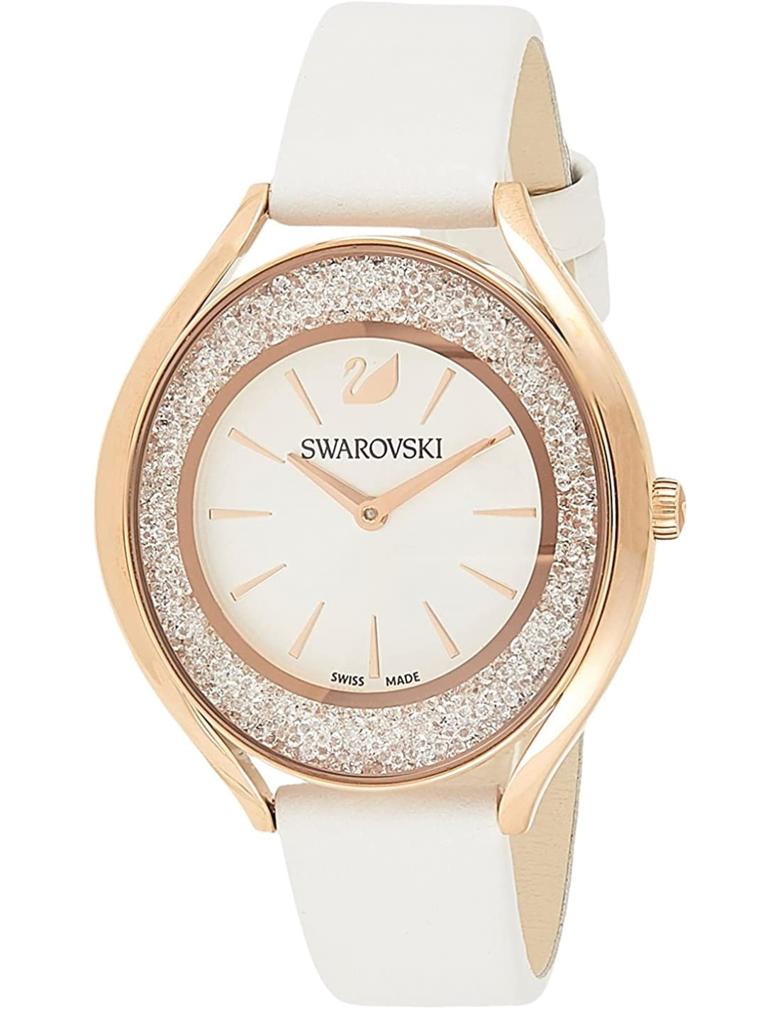 Montre Femme Swarovski Crystalline Aura 5519453, cadran argent, boîtier or rose, bracelet cuir blanc