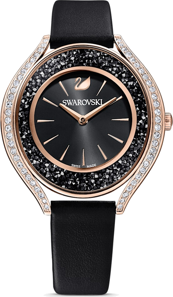 Montre Femme Swarovski 5558634 Crystalline Aura, Boîtier Acier Or Rose & Bracelet Cuir Noir