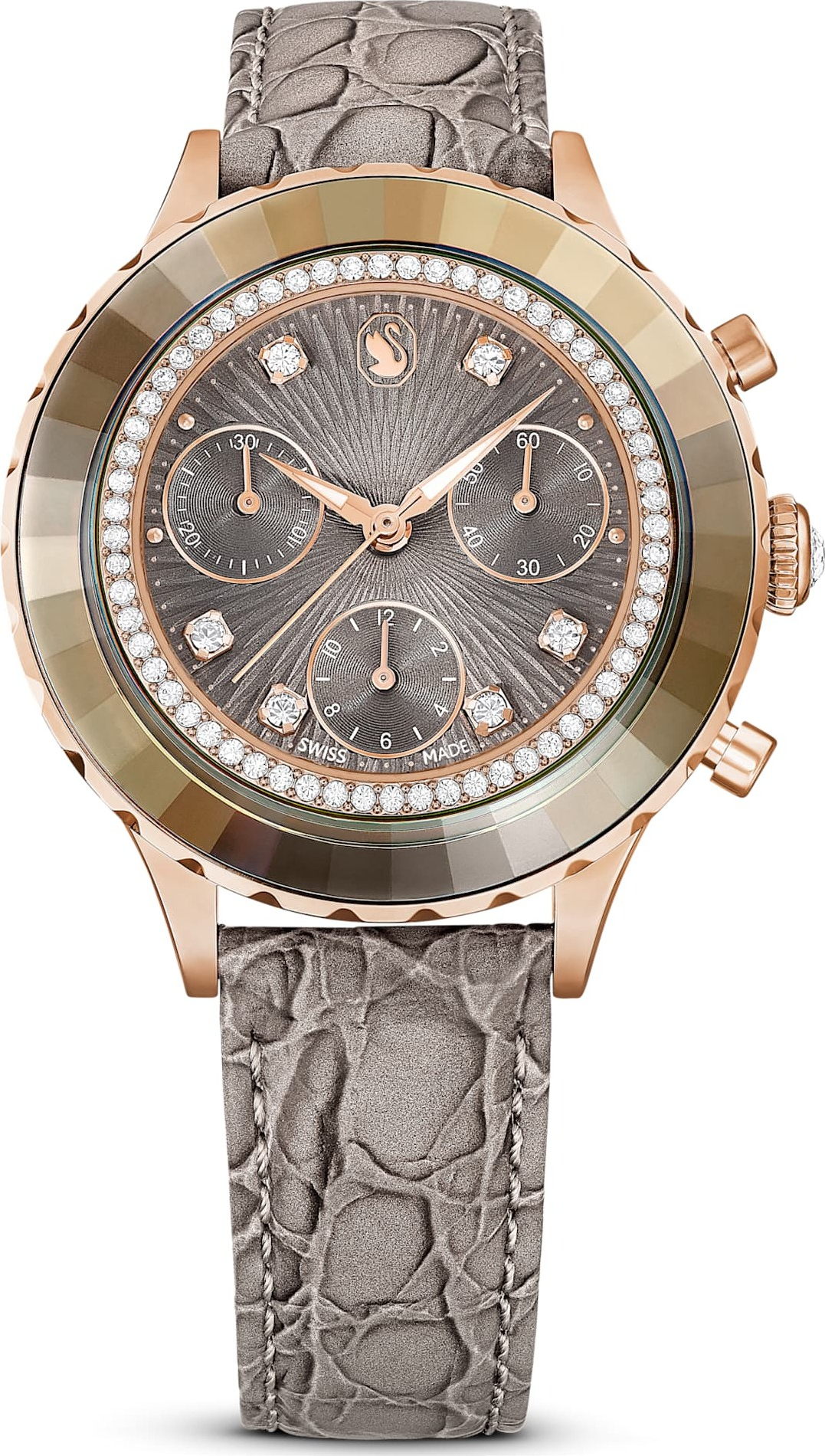 Montre Femme Swarovski Octea Lux Chrono 5671153 - Cadran Gris, Boîtier Or Rose, Bracelet Cuir