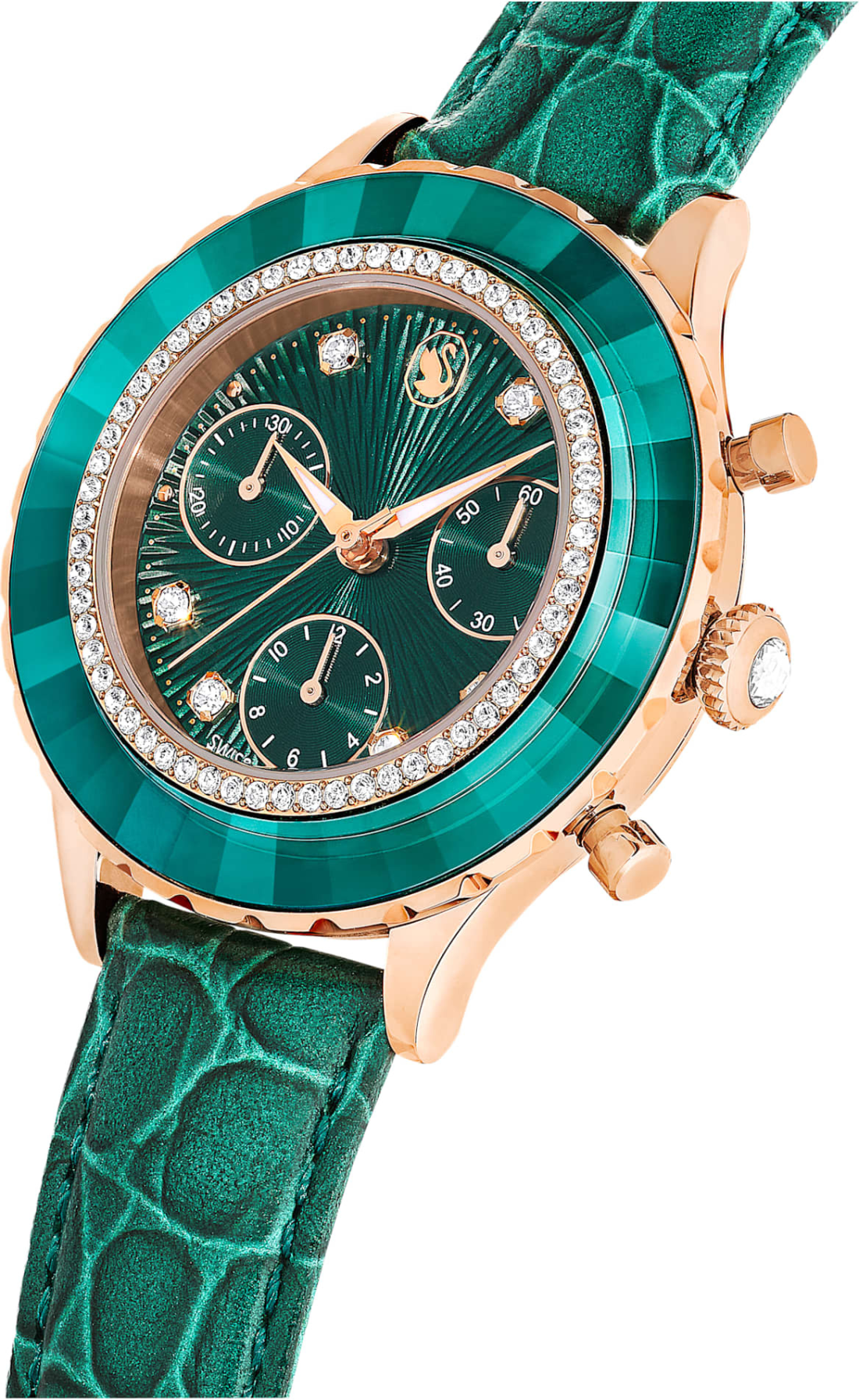 Montre Swarovski Octea Lux Chrono 5672931 bracelet cuir vert finition or rose vue 2