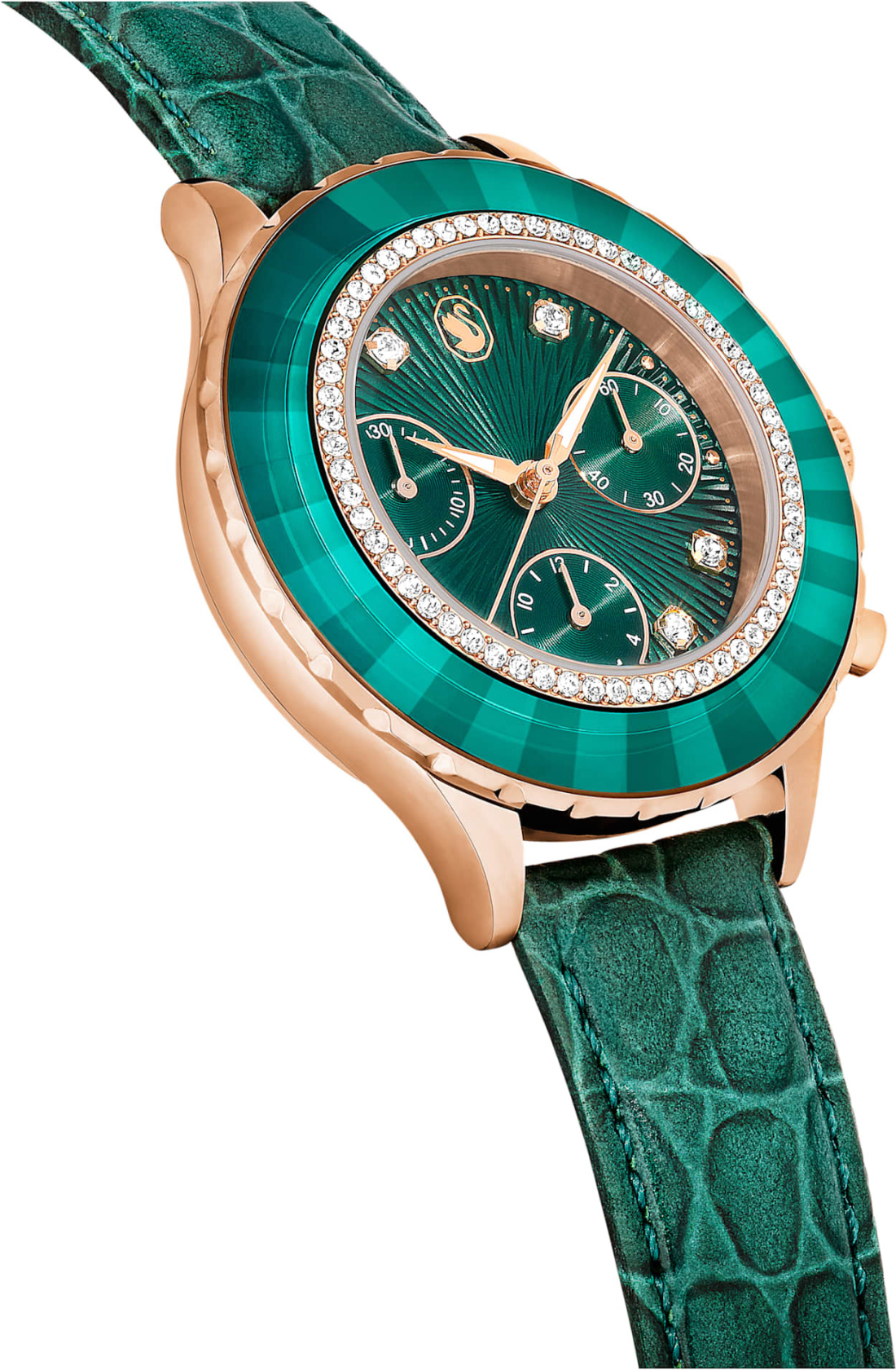 Montre Swarovski Octea Lux Chrono 5672931 bracelet cuir vert finition or rose vue 3