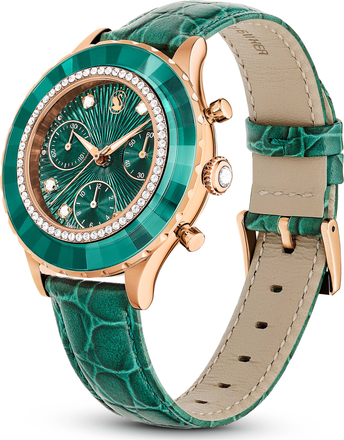 Montre Swarovski Octea Lux Chrono 5672931 bracelet cuir vert finition or rose vue 4