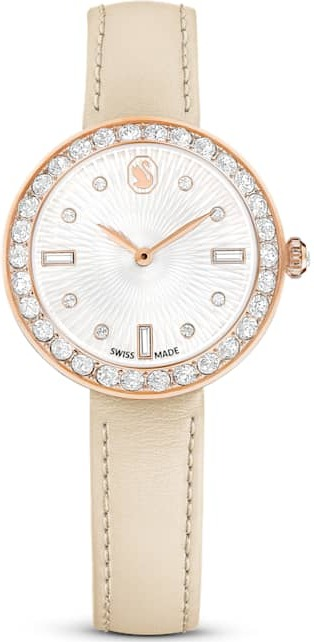 Montre Femme Swarovski Certa 5672968 - Boîtier Or Rose, Cadran Blanc Guilloché, Bracelet Cuir Beige