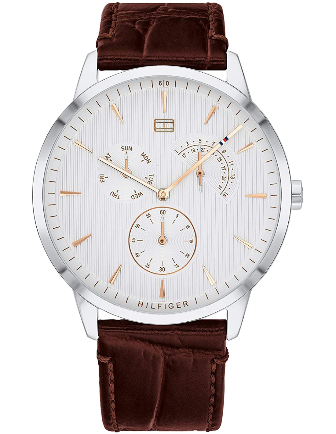 Montre Homme Tommy Hilfiger 1710389 - Cadran Bleu, Boîtier Argenté, Bracelet Cuir Marron