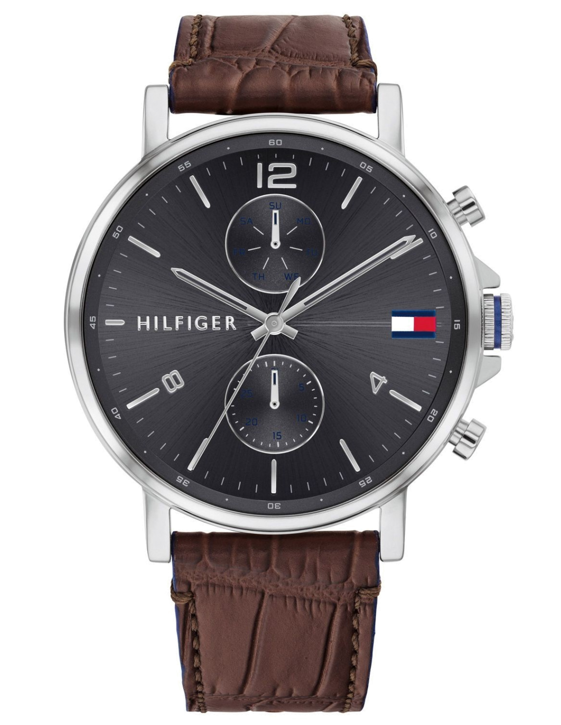Montre Homme Tommy Hilfiger 1710416 - Boîtier Acier Argenté 44mm, Cadran Noir, Bracelet Cuir Marron