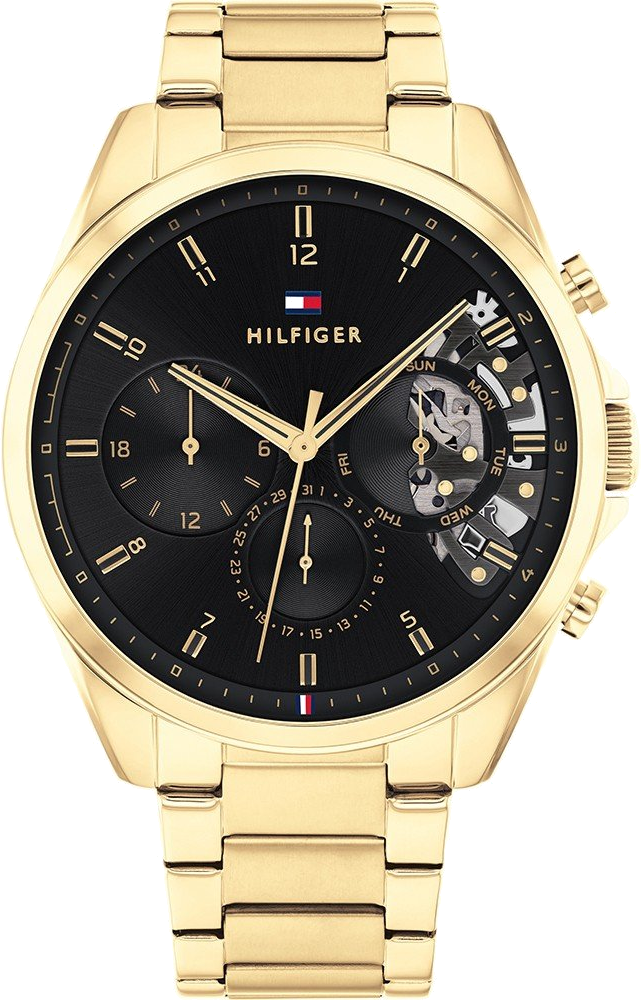 Montre Homme Tommy Hilfiger 1710447 Baker - Boîtier Acier Doré 44mm, Cadran Squelette Noir