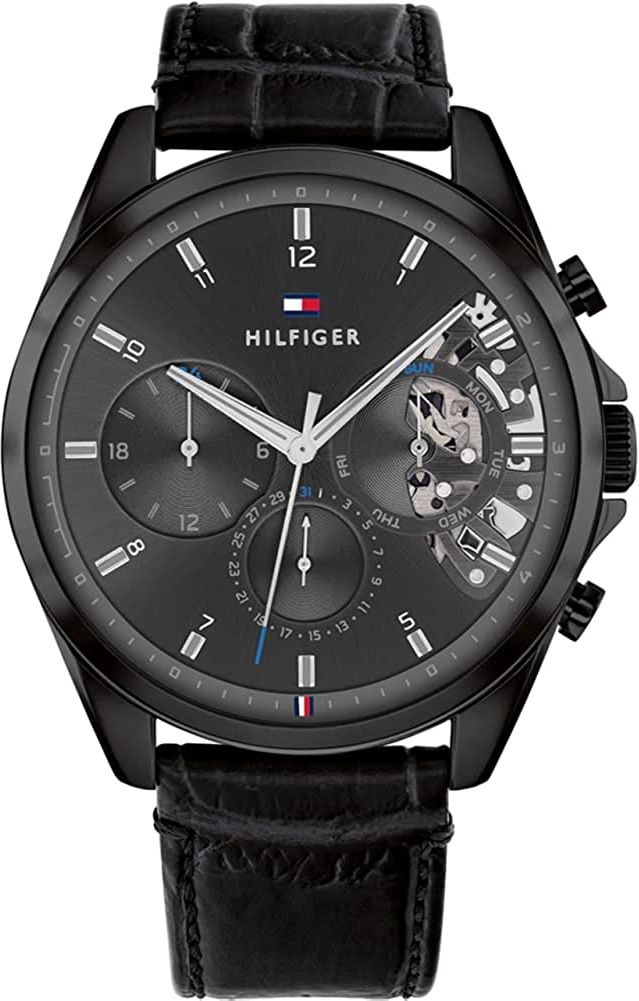 Montre Homme Tommy Hilfiger 1710452 Squelette - Boîtier Acier Or Rose, Cadran Noir, Bracelet Cuir Noir