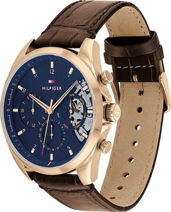 Montre Homme Tommy Hilfiger 1710453 Squelette Cadran Bleu Boîtier Or Rose Bracelet Cuir Marron vue 2