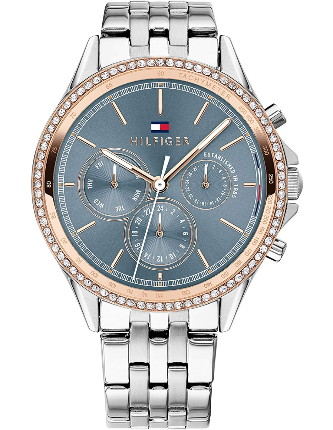 Montre Tommy Hilfiger Ari 1781976 pour femme, cadran bleu avec brillants et bracelet acier