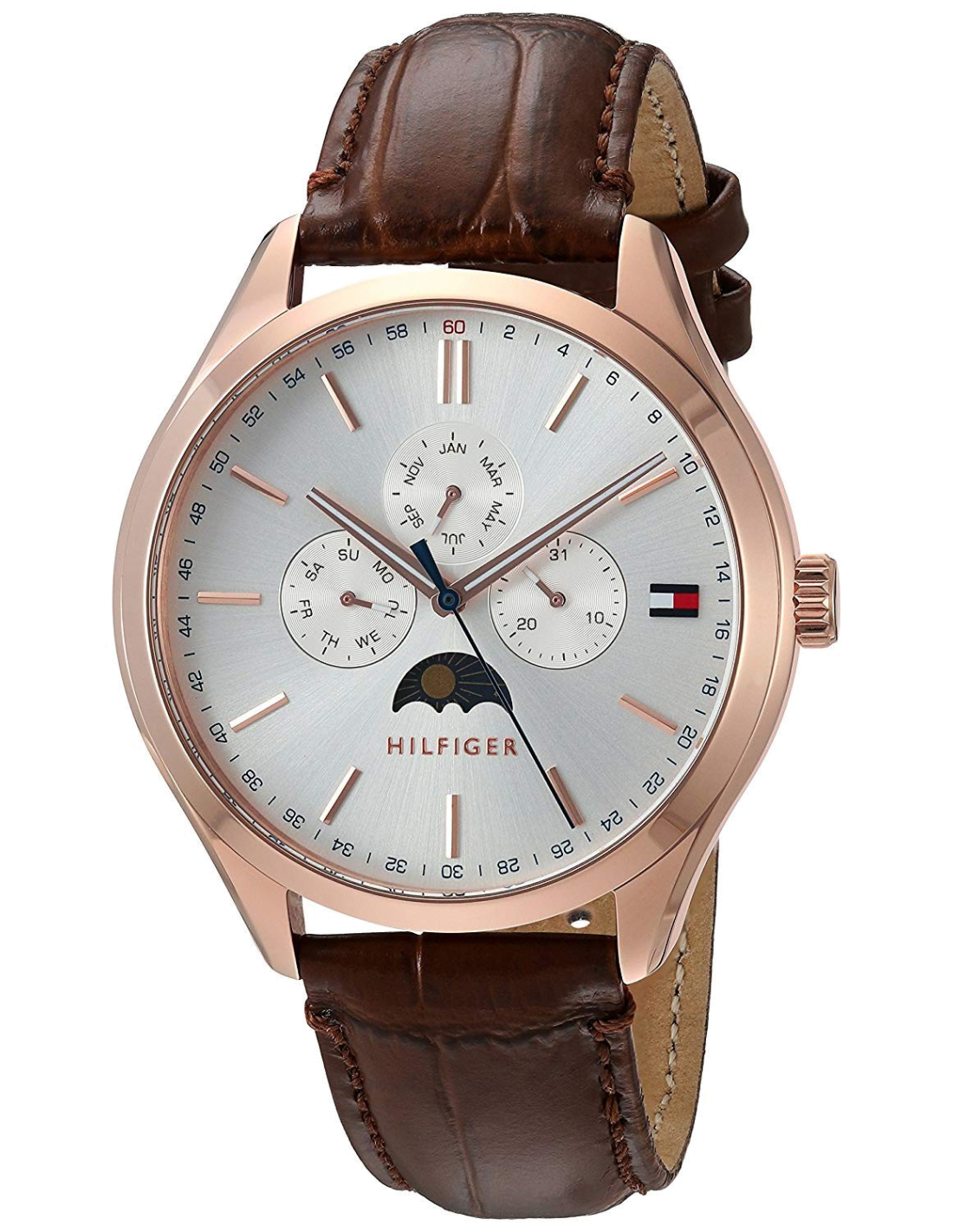 Montre Homme Tommy Hilfiger Oliver 1791306 - Cadran Blanc, Boîtier Or Rose, Bracelet Cuir Marron