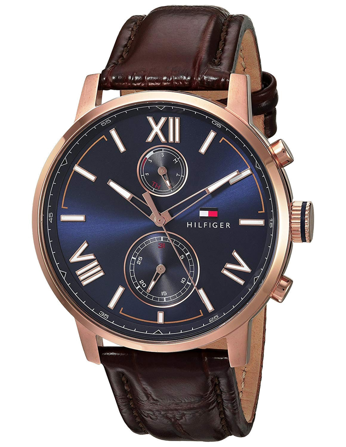 Montre Homme Tommy Hilfiger Alden 1791308 - Cadran Bleu, Boîtier Or Rose, Bracelet Cuir Marron