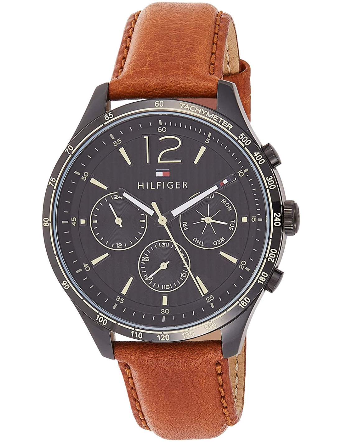 Montre Homme Tommy Hilfiger 1791470 - Cadran Bleu Soleillé, Boîtier Noir Acier, Bracelet Cuir Brun