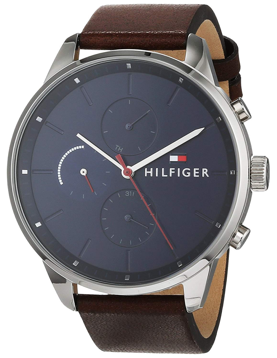 Montre Homme Tommy Hilfiger 1791487 Chase - Boîtier Acier, Cadran Bleu, Bracelet Cuir Marron