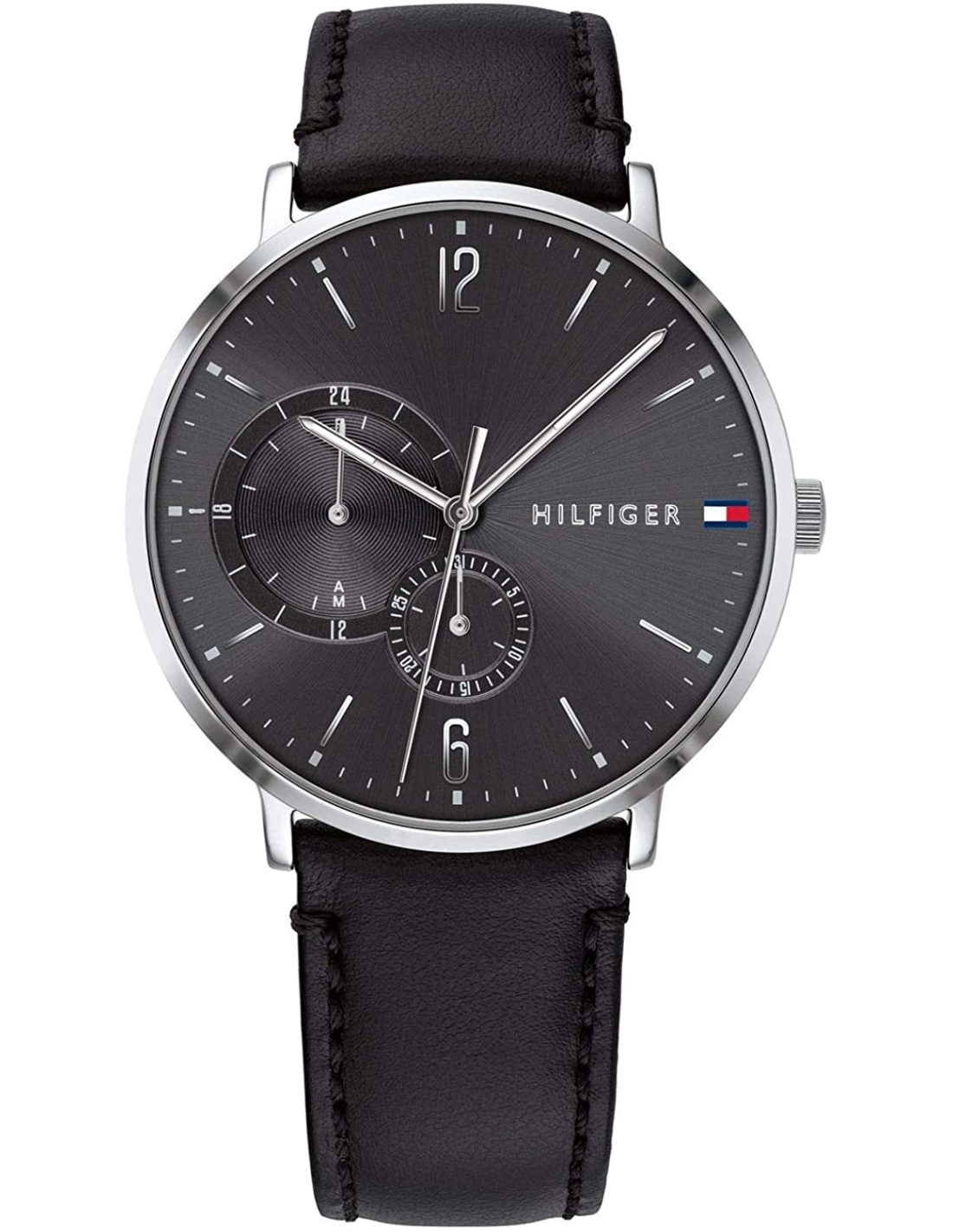 Montre Homme Tommy Hilfiger 1791509 - Boîtier Acier Argenté, Cadran et Bracelet Cuir Noir