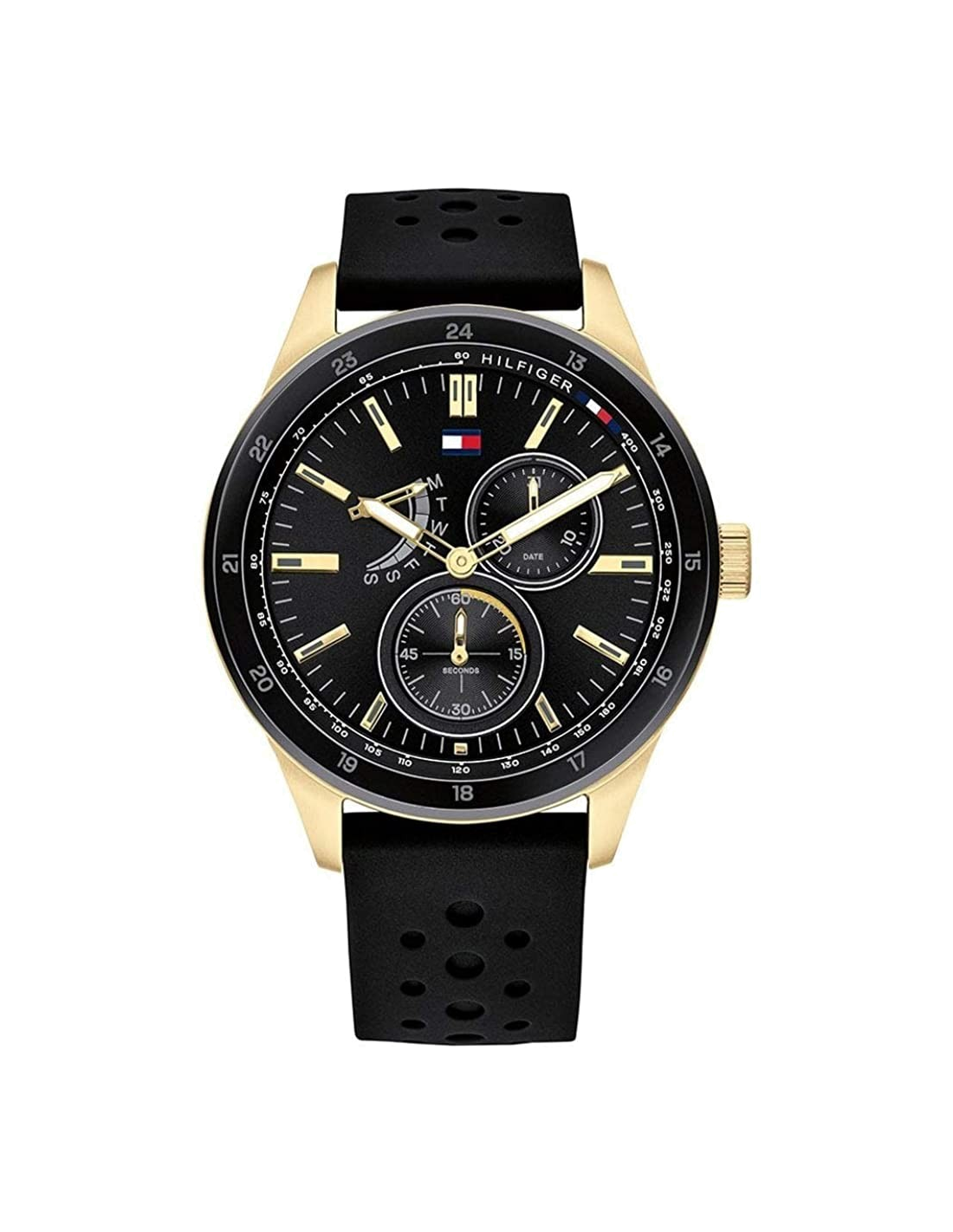 Montre Homme Tommy Hilfiger Riley 1791636 - Boîtier Or, Cadran Noir Multifonction, Bracelet Noir