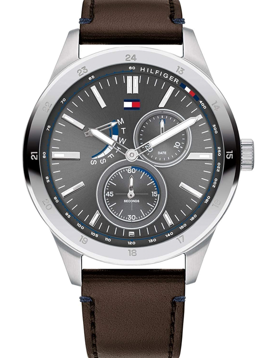 Montre Homme Tommy Hilfiger Réf. 1791637 - Cadran Bleu, Boîtier Acier, Bracelet Cuir Marron