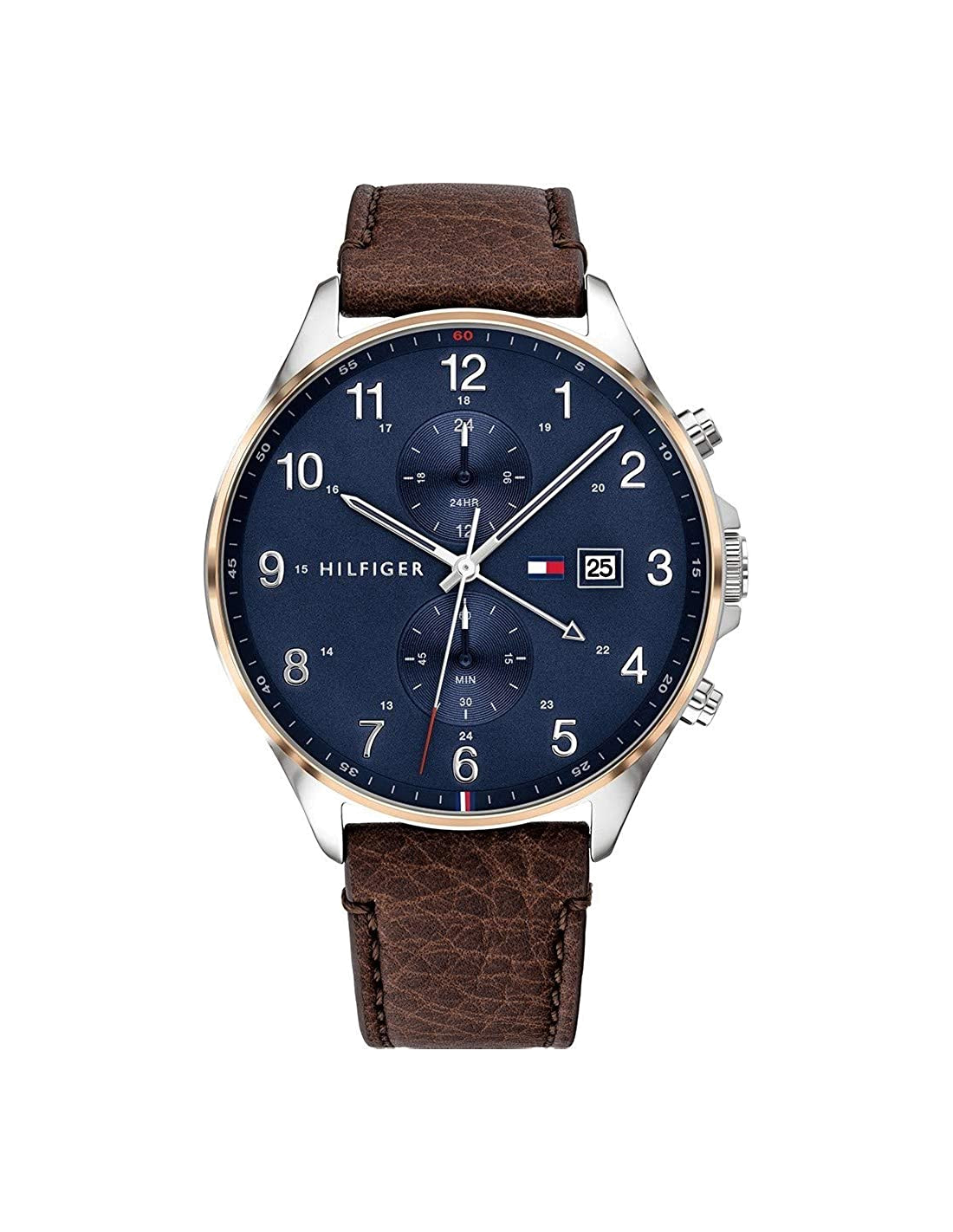 Montre Homme Tommy Hilfiger 1791712 Boîtier Argenté, Cadran Bleu, Bracelet Cuir Marron