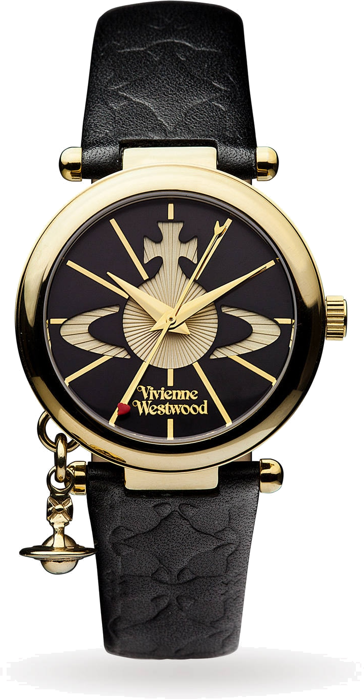 Montre Femme Vivienne Westwood Orb II - Boîtier or, cadran et bracelet cuir noir - Réf. VV006BKGD